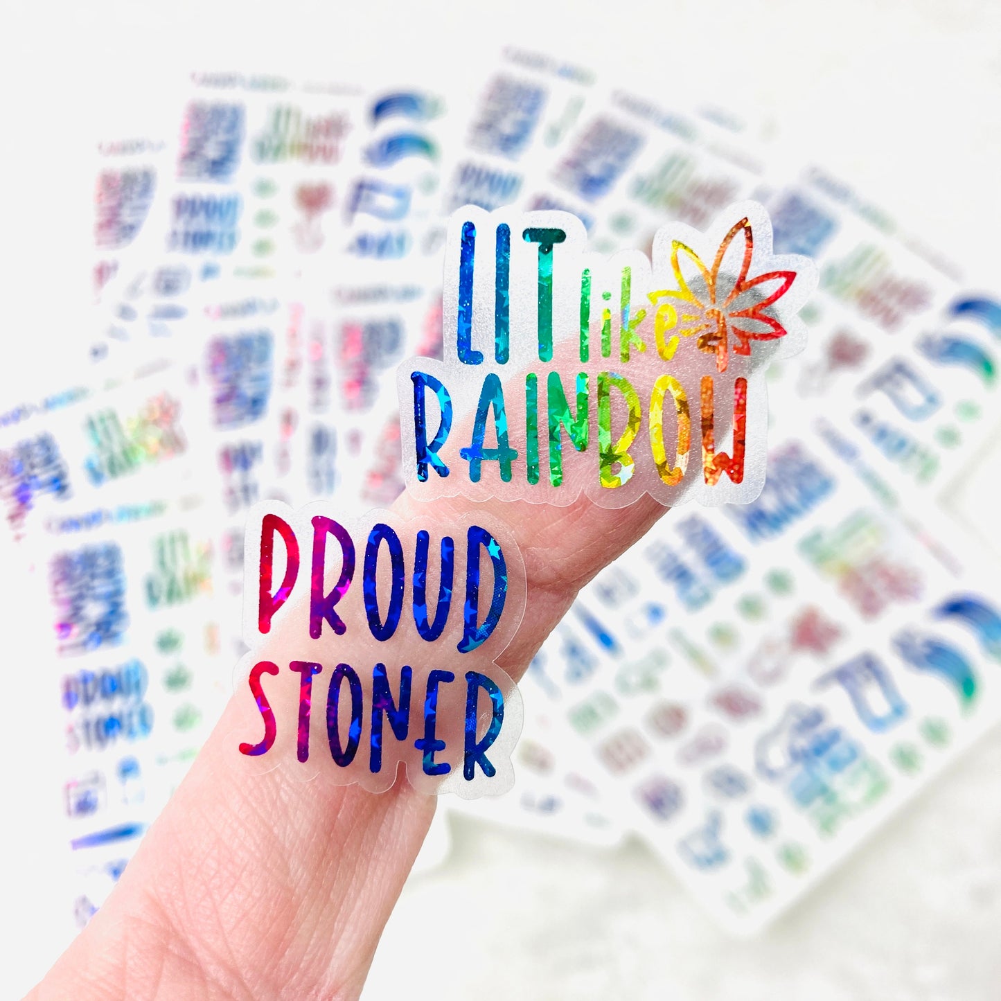 CLEAR FOILED Proud Stoner Rainbow Marijuana Deco and Lettering stickers *Retiring Product - final stock*