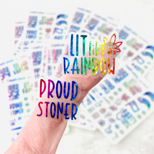 CLEAR FOILED Proud Stoner Rainbow Marijuana Deco and Lettering stickers *Retiring Product - final stock*