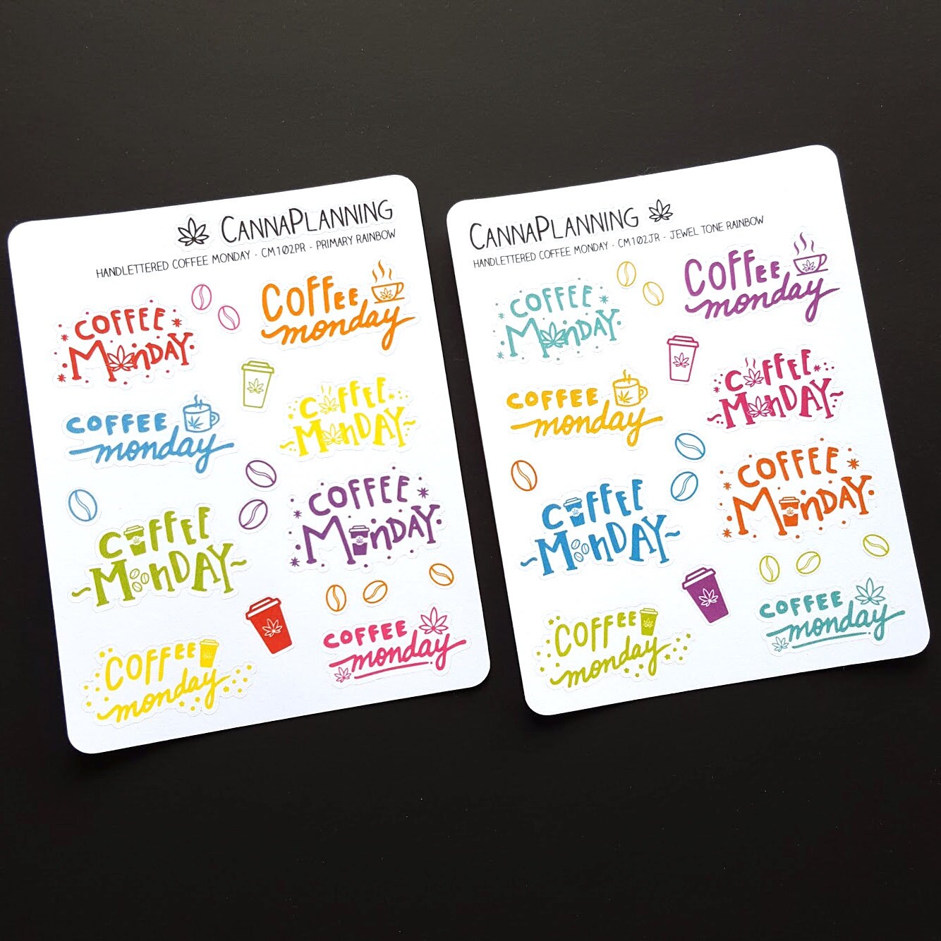 Hand-lettered "Coffee Monday" Cannabis Stickers *Retiring Design - final stock* | Planner sticker, lettering sticker, coffee and tea sticker