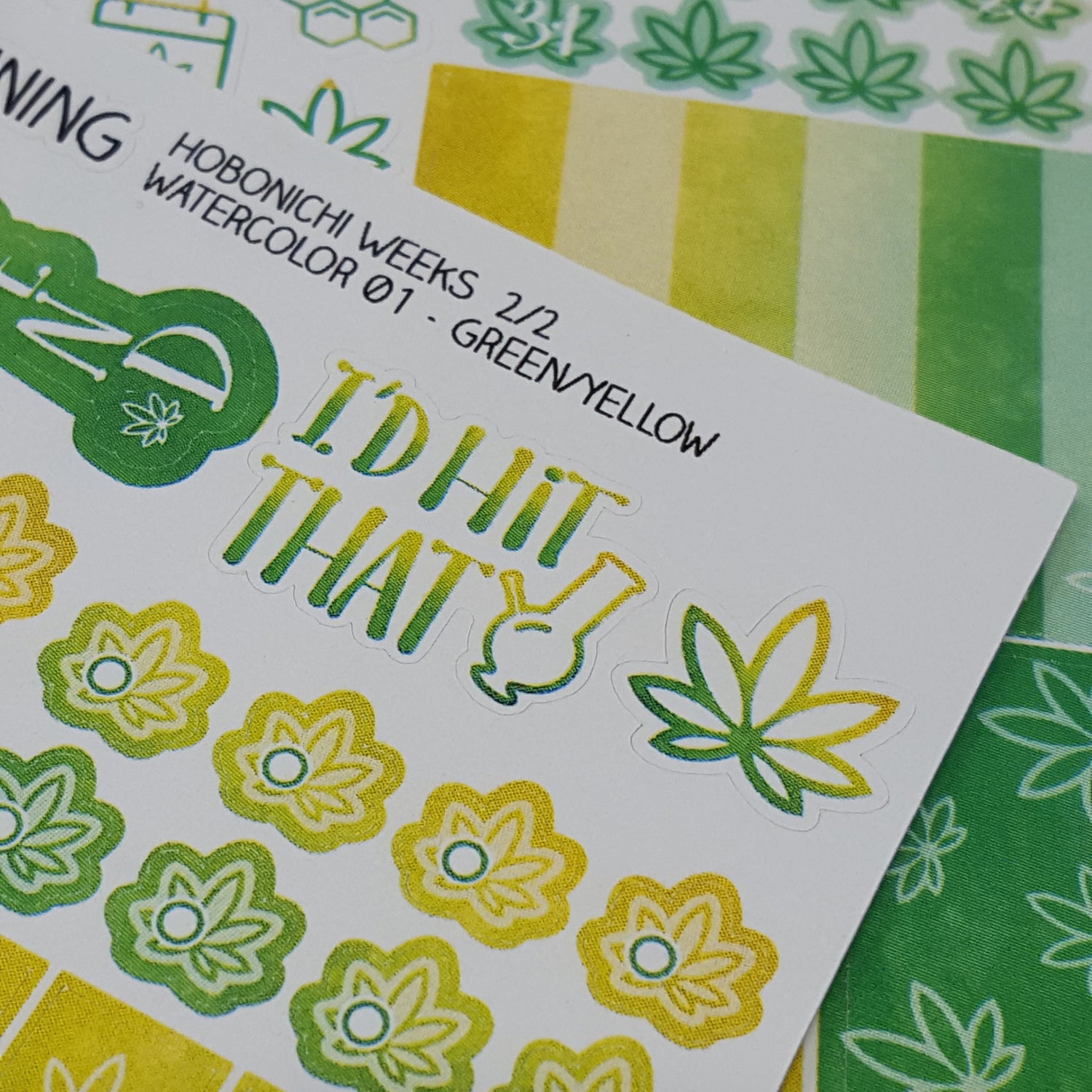 Green & Yellow Hobonichi Weeks Watercolor Marijuana Sticker Kit *Retiring Design*  (4440696651875)