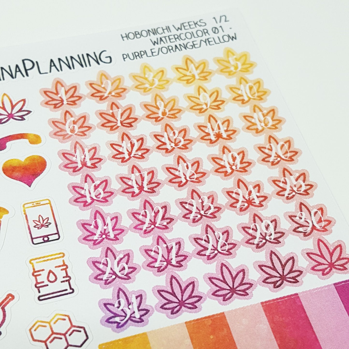 Purple, Orange & Yellow Watercolor Hobonichi Weeks Marijuana Sticker Kit *Retiring Design*  (4440694685795)