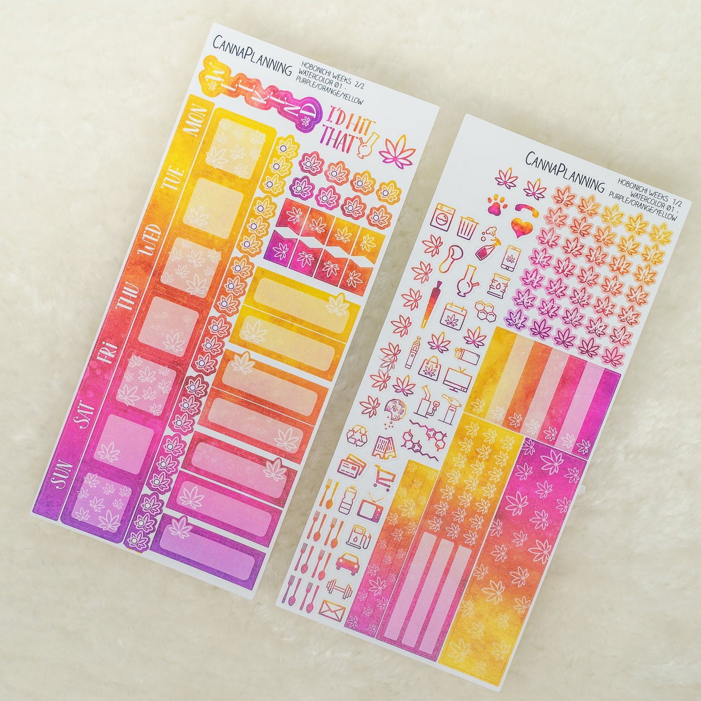 Purple, Orange & Yellow Watercolor Hobonichi Weeks Marijuana Sticker Kit *Retiring Design*  (4440694685795)