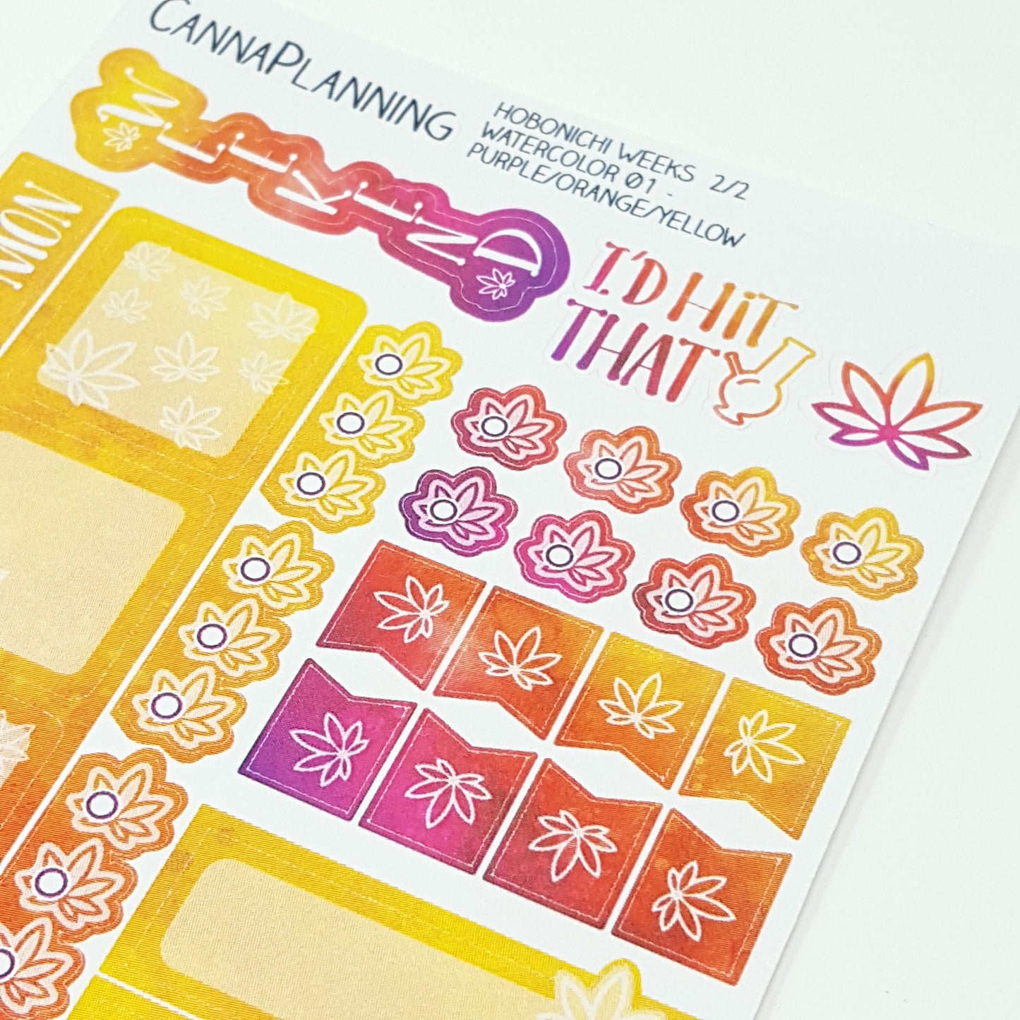 Purple, Orange & Yellow Watercolor Hobonichi Weeks Marijuana Sticker Kit *Retiring Design*  (4440694685795)