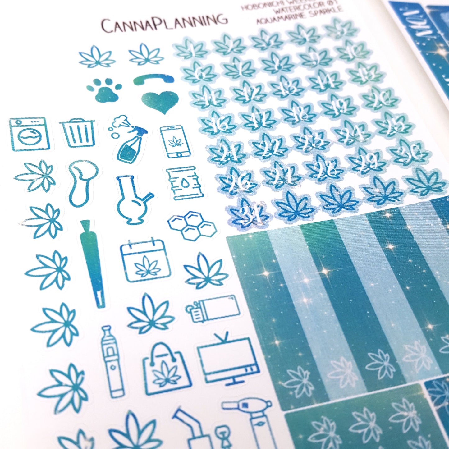 Aquamarine Sparkle Hobonichi Weeks Marijuana Sticker Kit *Retiring Color*  (7050488905905)