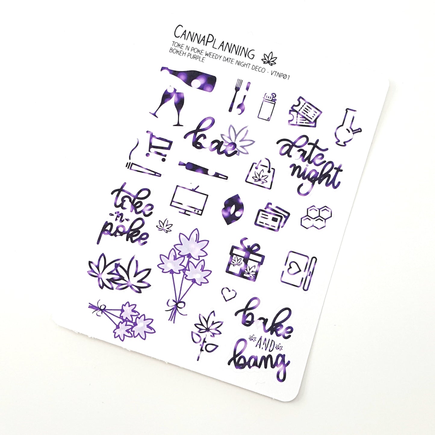 Toke N Poke Cannabis Date Night Valentines Deco and Lettering Stickers BOKEH PINK and PURPLE kit colors *Retiring Design - final stock*