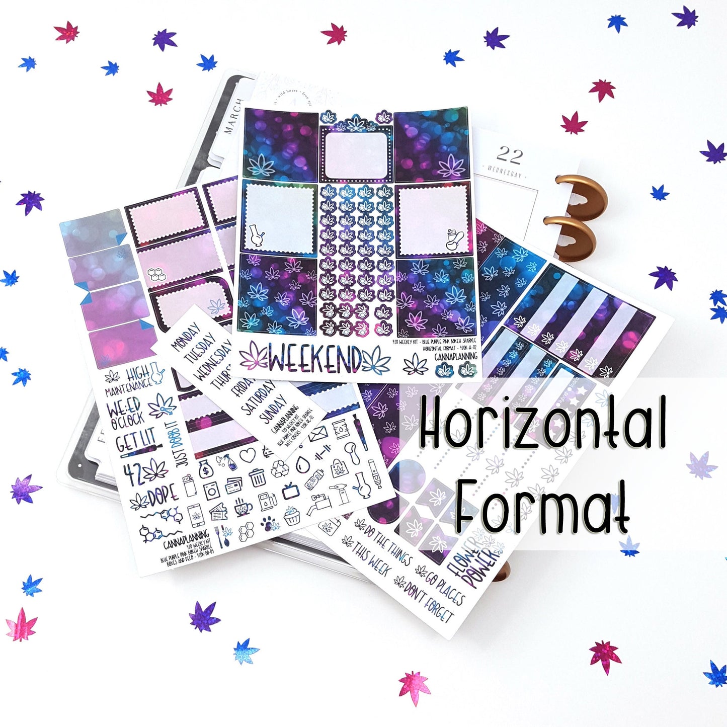 420 Weekly Sticker Kit - HORIZONTAL - Blue Purple Pink Bokeh Sparkle  (4498051301475)