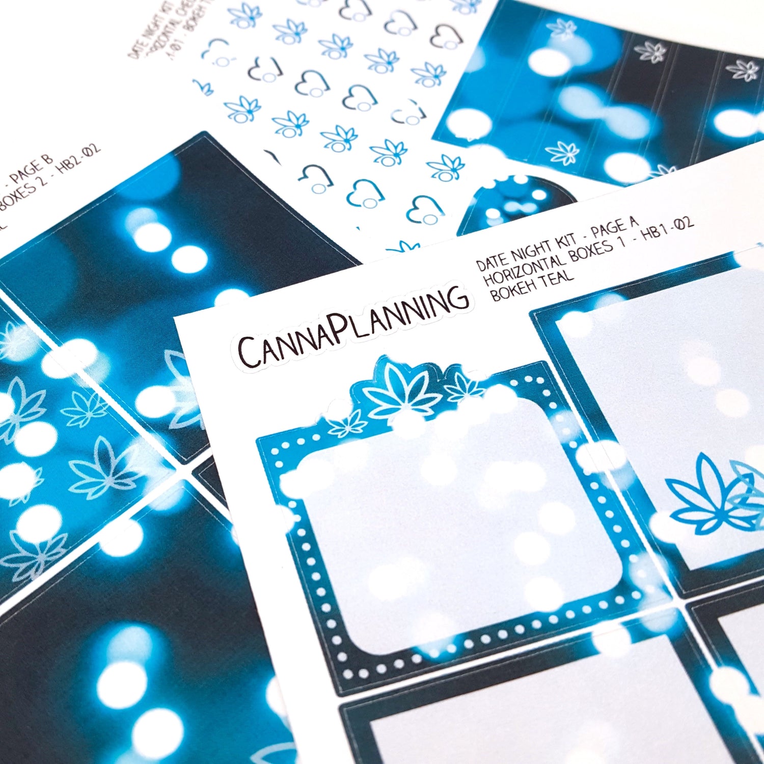 Date Night HORIZONTAL Marijuana sticker Kit - BOKEH TEAL - *Retiring Design - final stock* | 420 Friendly Weekly Cannabis planner stickers