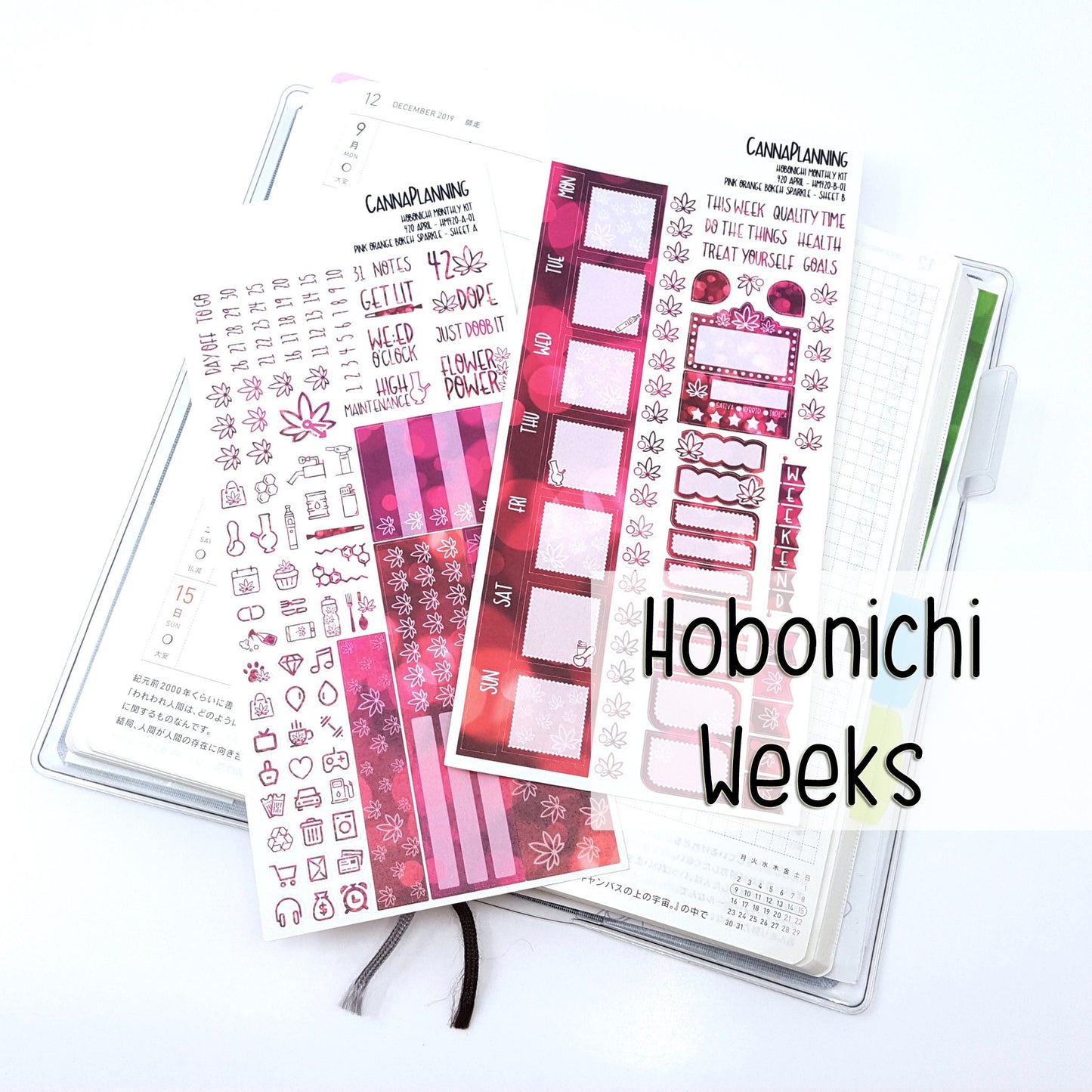 420 Hobonichi Weeks Weekly Marijuana Sticker Kit - PINK ORANGE Bokeh Sparkle (Retiring Design) 