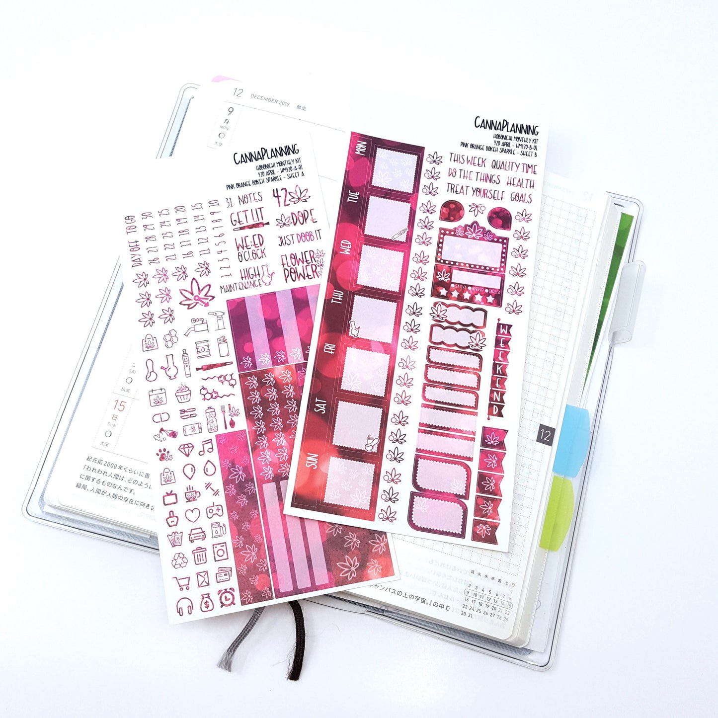 420 Hobonichi Weeks Weekly Marijuana Sticker Kit - PINK ORANGE Bokeh Sparkle (Retiring Design) 