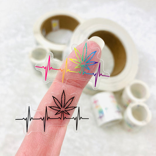 PREMIUM/BULK Clear Pot leaf heartbeat stickers - 1.5 inches wide, black or rainbow | marijuana stickers edibles stickers warning labels 420 (6012268019889)