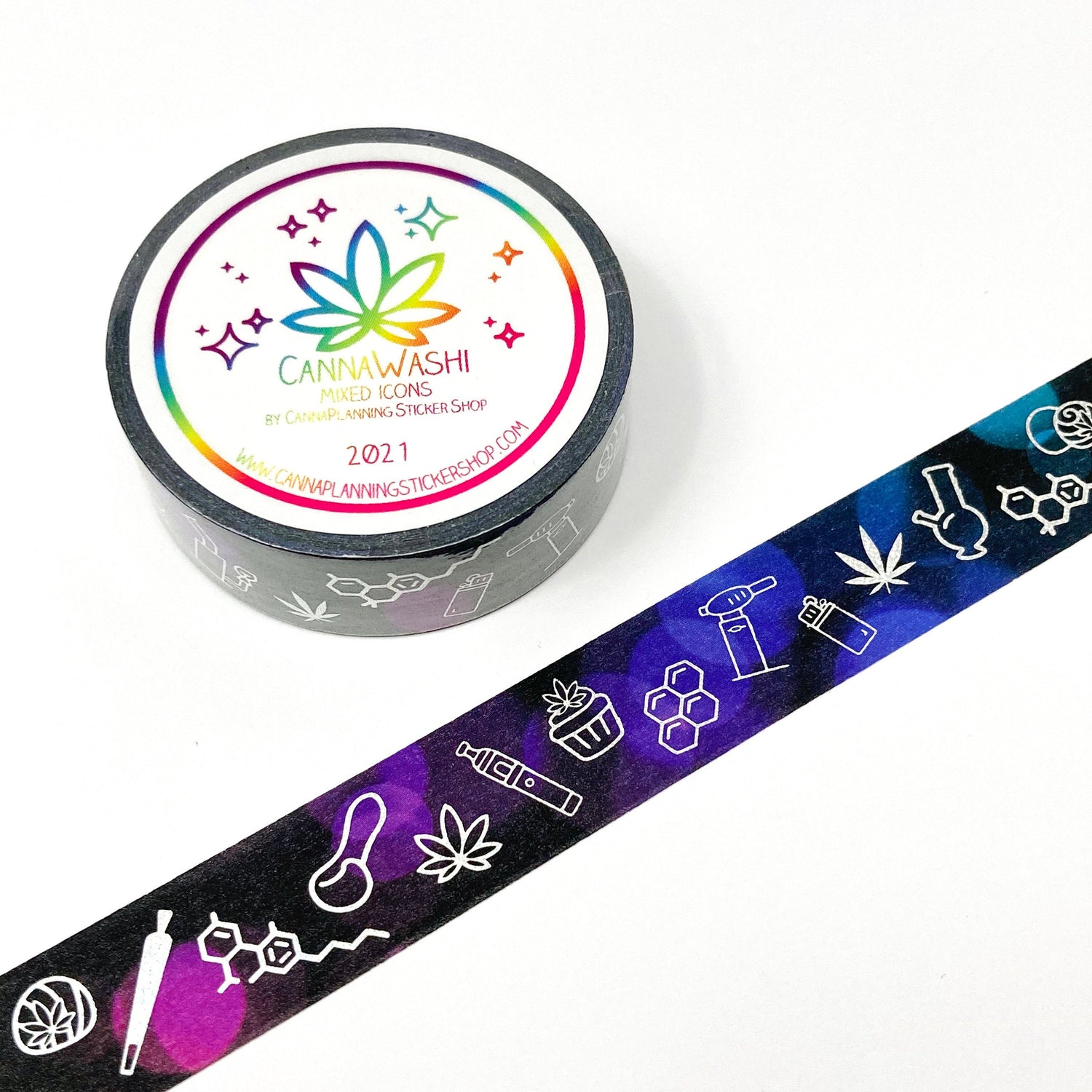 Fuchsia/Purple/Teal and Black marijuana washi tape (1 roll) | cannabis washi, weed tape, bong washi, edibles washi, foiled washi (6245941608625)