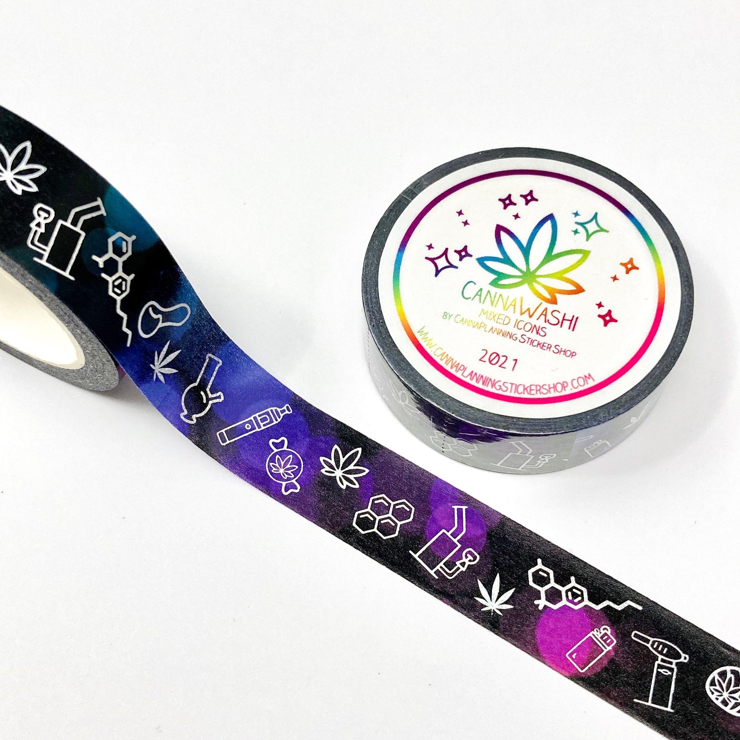 Fuchsia/Purple/Teal and Black marijuana washi tape (1 roll) | cannabis washi, weed tape, bong washi, edibles washi, foiled washi (6245941608625)