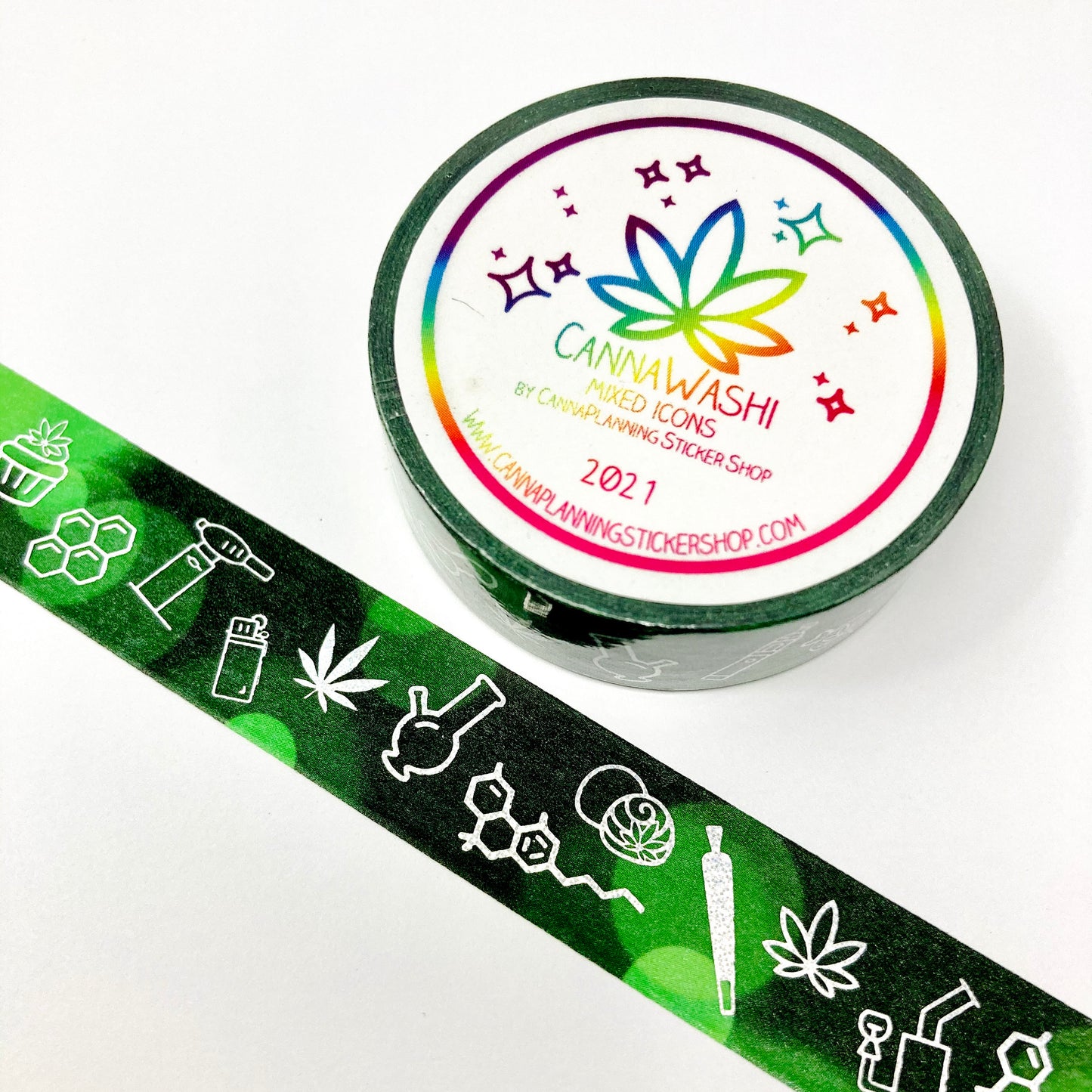 Green and Silver foiled marijuana washi tape (1 roll) | cannabis washi, weed tape, cannabis decoration, bong washi, edibles washi, 420 washi (6245942067377)