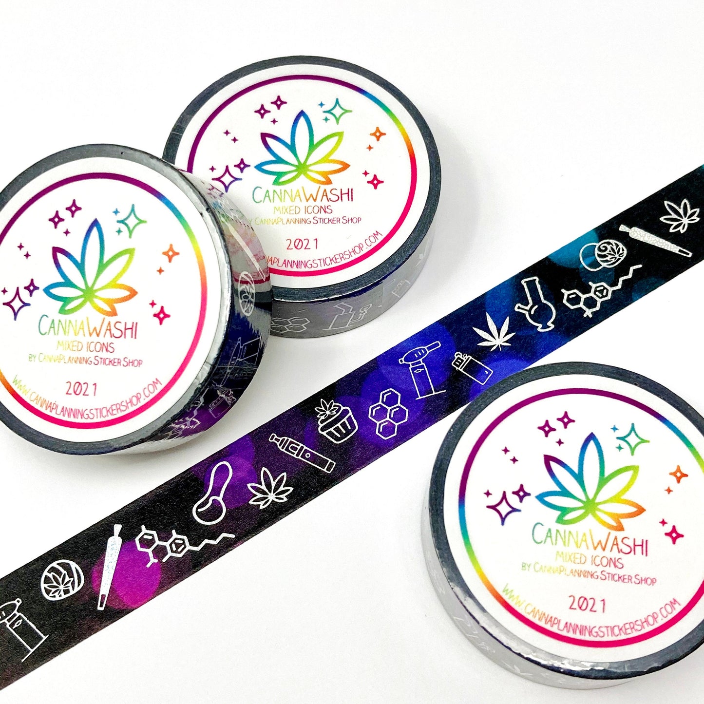 Fuchsia/Purple/Teal and Black marijuana washi tape (1 roll) | cannabis washi, weed tape, bong washi, edibles washi, foiled washi (6245941608625)