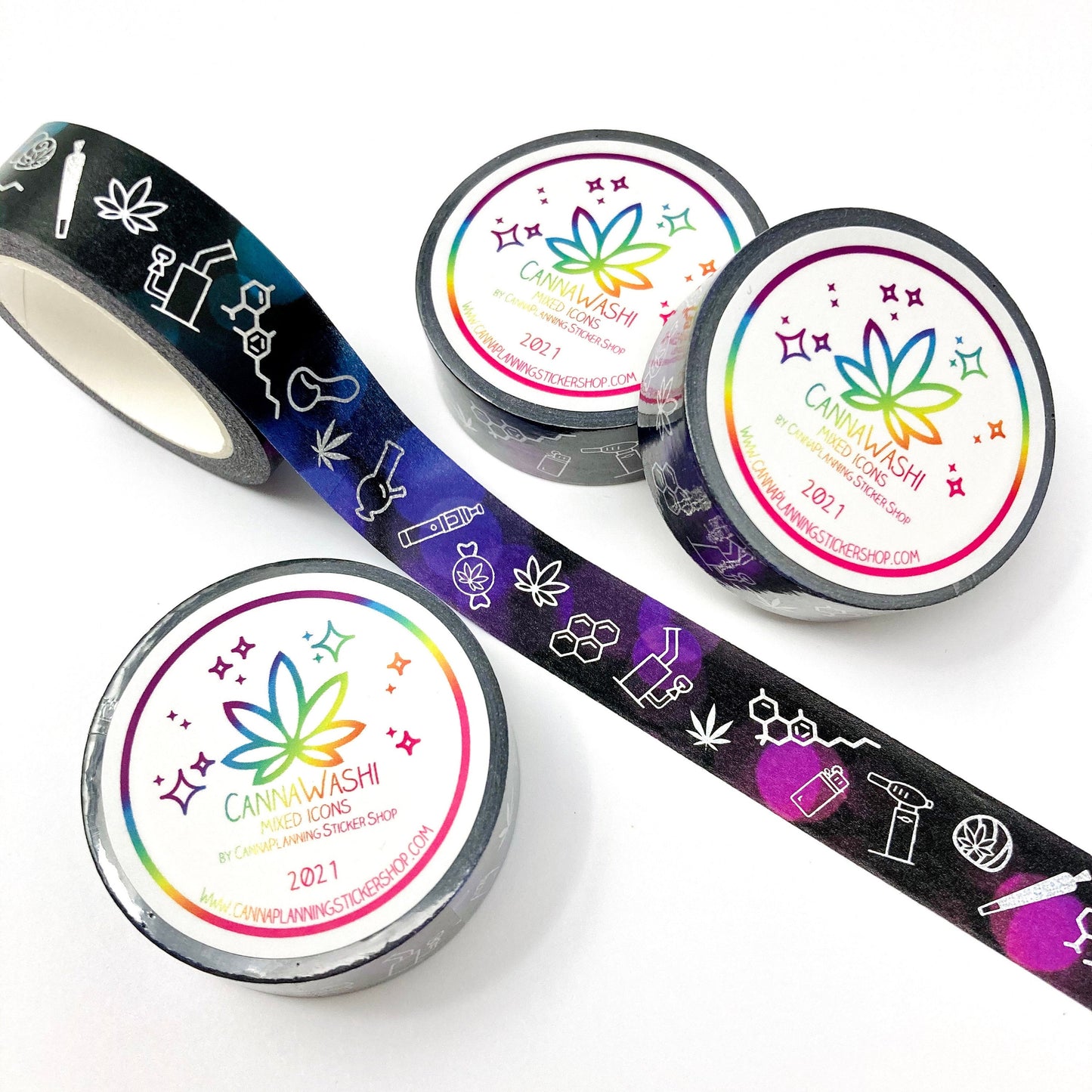 Fuchsia/Purple/Teal and Black marijuana washi tape (1 roll) | cannabis washi, weed tape, bong washi, edibles washi, foiled washi (6245941608625)