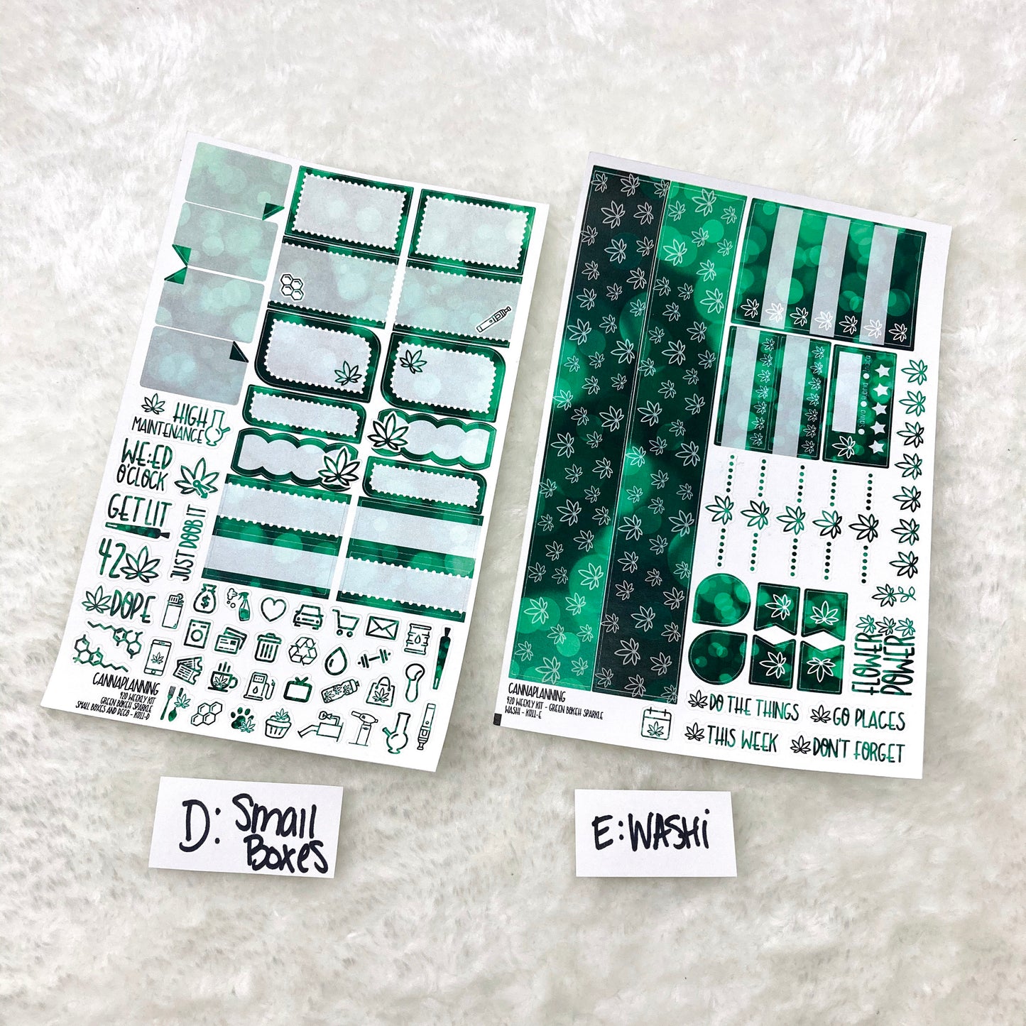 420 Weekly Sticker Kit - VERTICAL AND HORIZONTAL - Green Bokeh Sparkle | weed and cannabis planner sticker kit and scrapbook accessories (6596138827953)