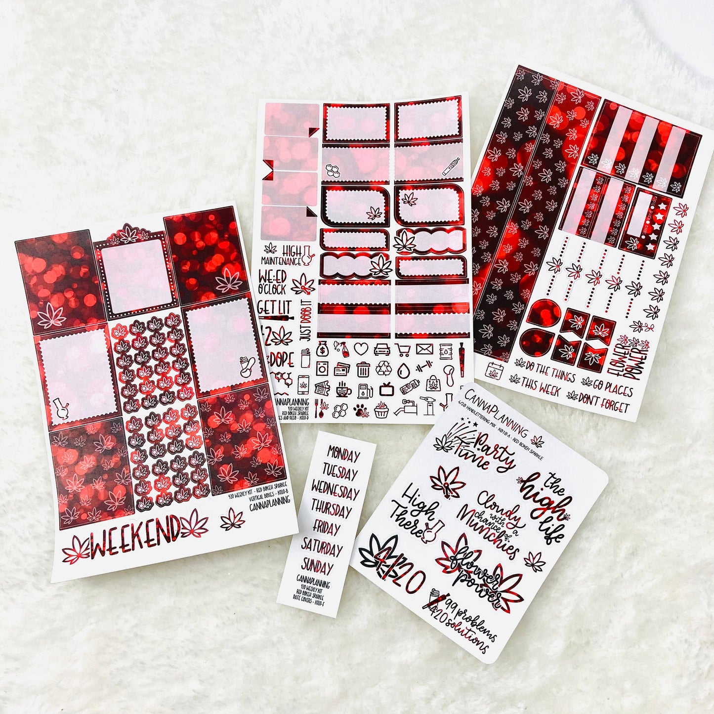 420 Weekly Sticker Kit - VERTICAL AND HORIZONTAL - Red Bokeh Sparkle | weed and cannabis planner sticker kit and scrapbook accessories (6596127490225)