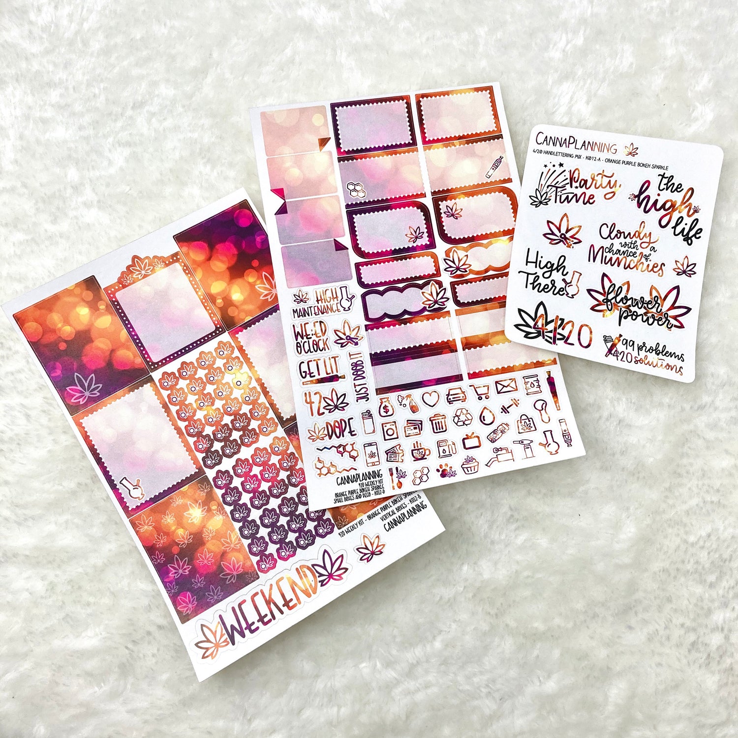 420 Weekly Sticker Kit - VERTICAL AND HORIZONTAL - Orange Purple Bokeh Sparkle | weed and cannabis planner sticker kit and scrapbook (6596138598577)