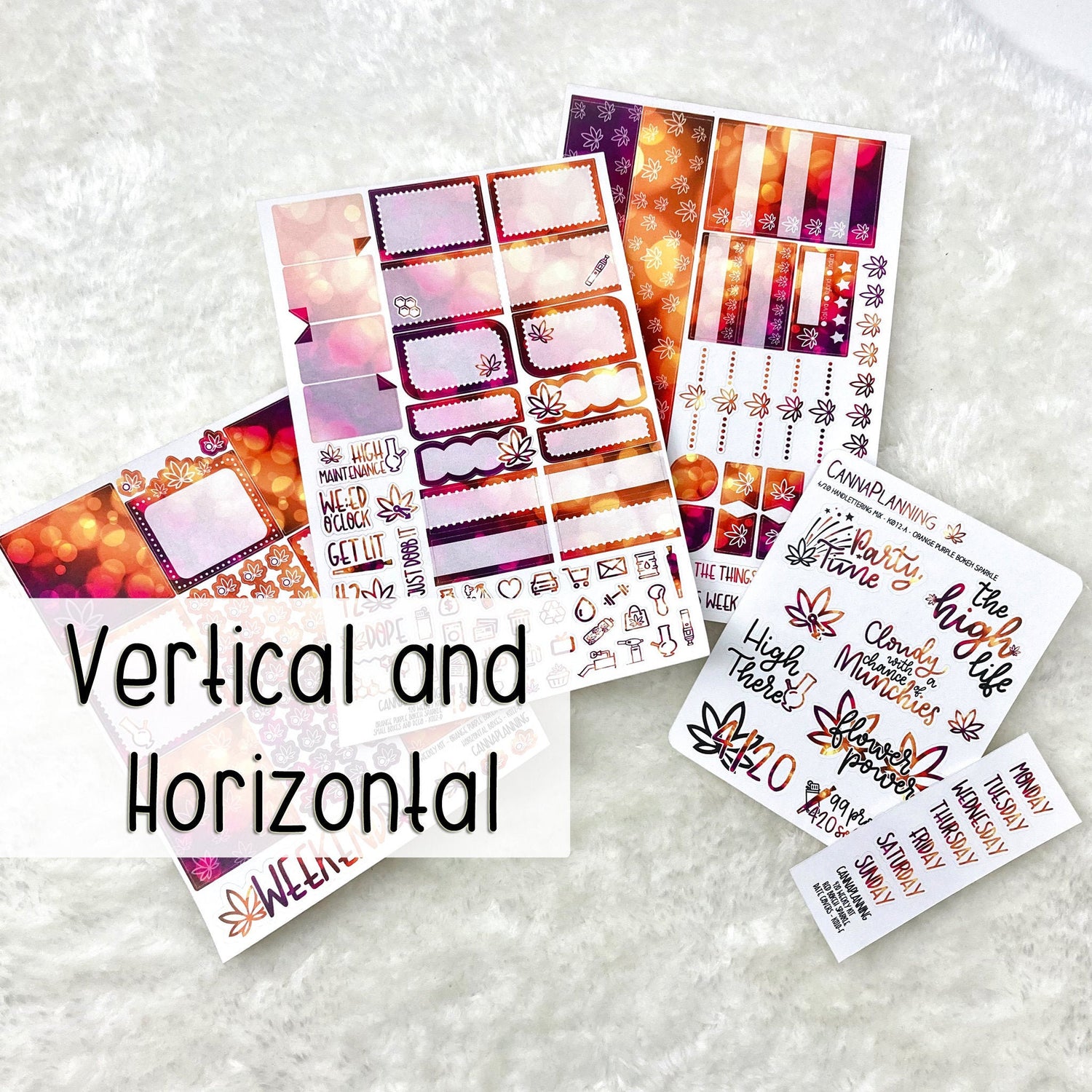 420 Weekly Sticker Kit - VERTICAL AND HORIZONTAL - Orange Purple Bokeh Sparkle | weed and cannabis planner sticker kit and scrapbook (6596138598577)