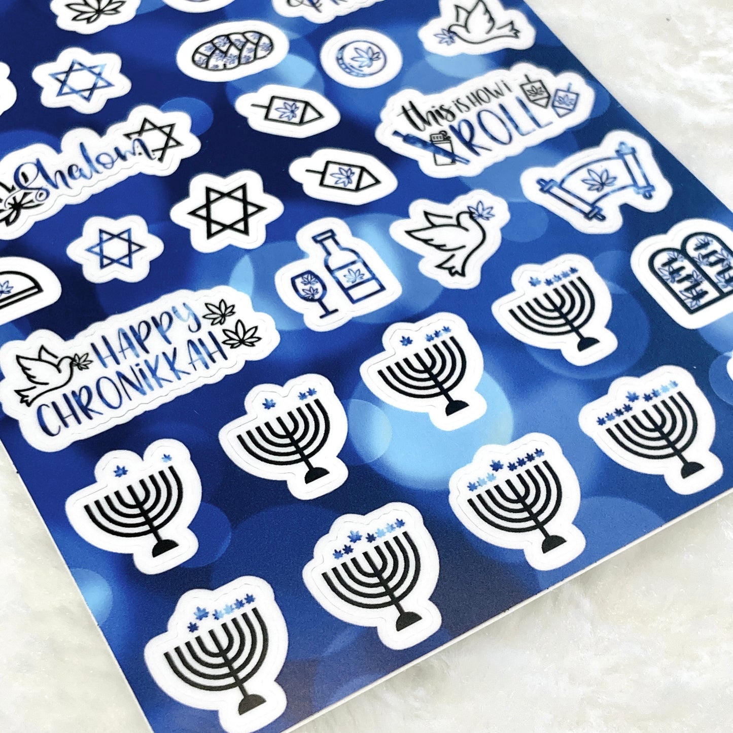 Chronikkah Hanukkah Marijuana Deco and Hand-lettered stickers *Retiring Design - final stock* | 420 Mazel-Tov, jewish stoner stickers