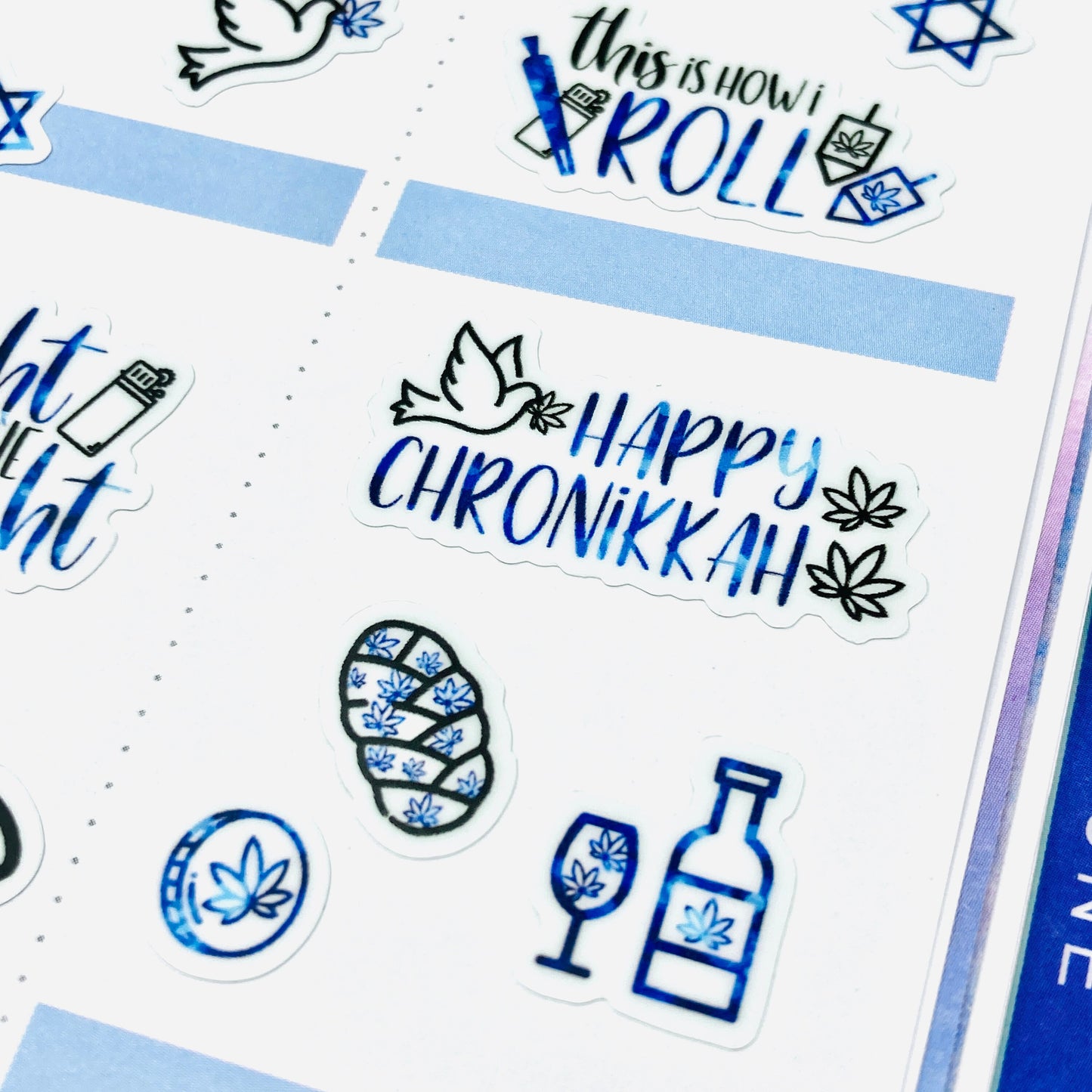 Chronikkah Hanukkah Marijuana Deco and Hand-lettered stickers *Retiring Design - final stock* | 420 Mazel-Tov, jewish stoner stickers