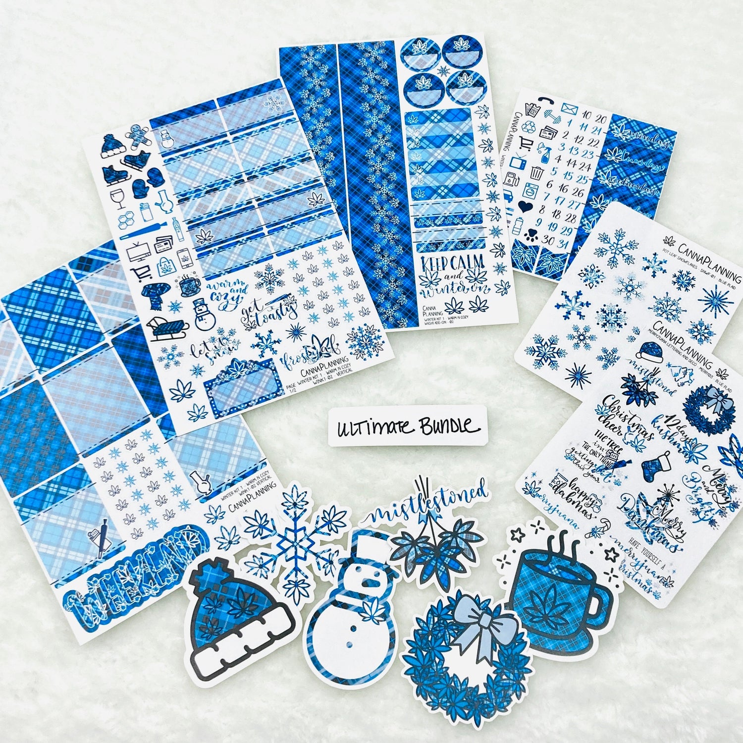 Ultimate Sticker Bundle: "Warm N Cozy" Blue Buffalo Plaid Marijuana Sticker Kit *Retiring Design*  (7052217286833)