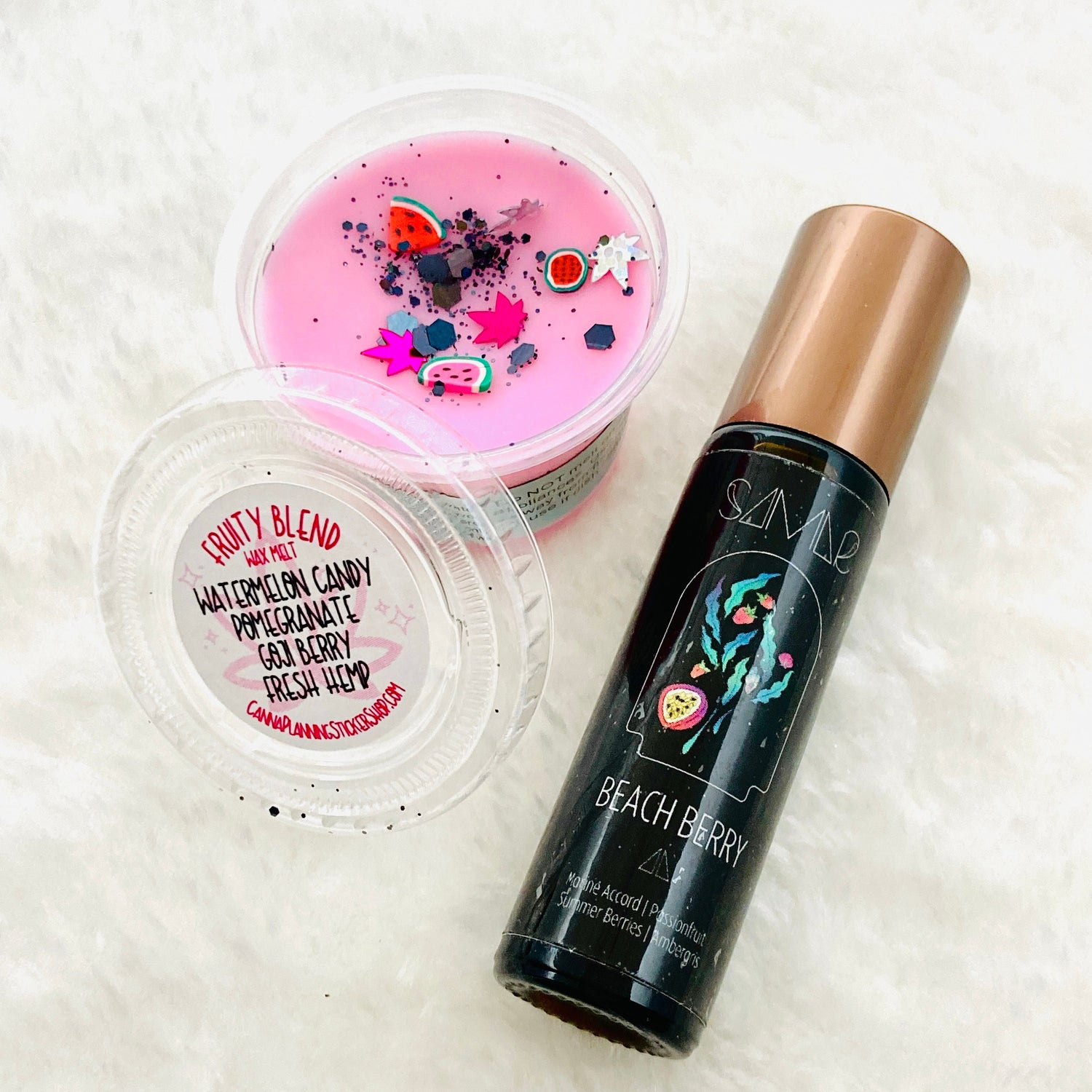 Beach Berry gender neutral Perfume rollerball (marine accord, passionfruit, berries, cucumber, driftwood) with Fruity Blend weedy waxmelt