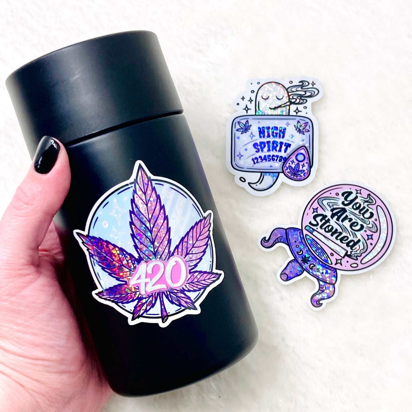 High Spirits glitter die cut stickers | premium vinyl 420 weed cannabis stickers, halloween mystical gothic stickers, Magical High