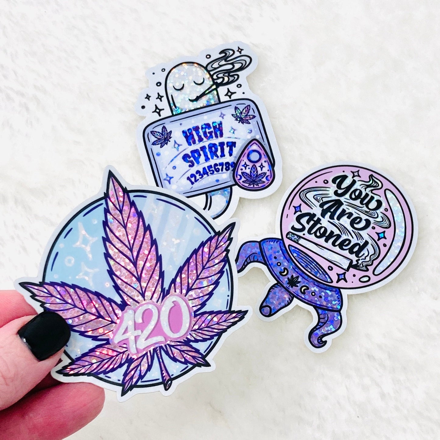 High Spirits glitter die cut stickers | premium vinyl 420 weed cannabis stickers, halloween mystical gothic stickers, Magical High