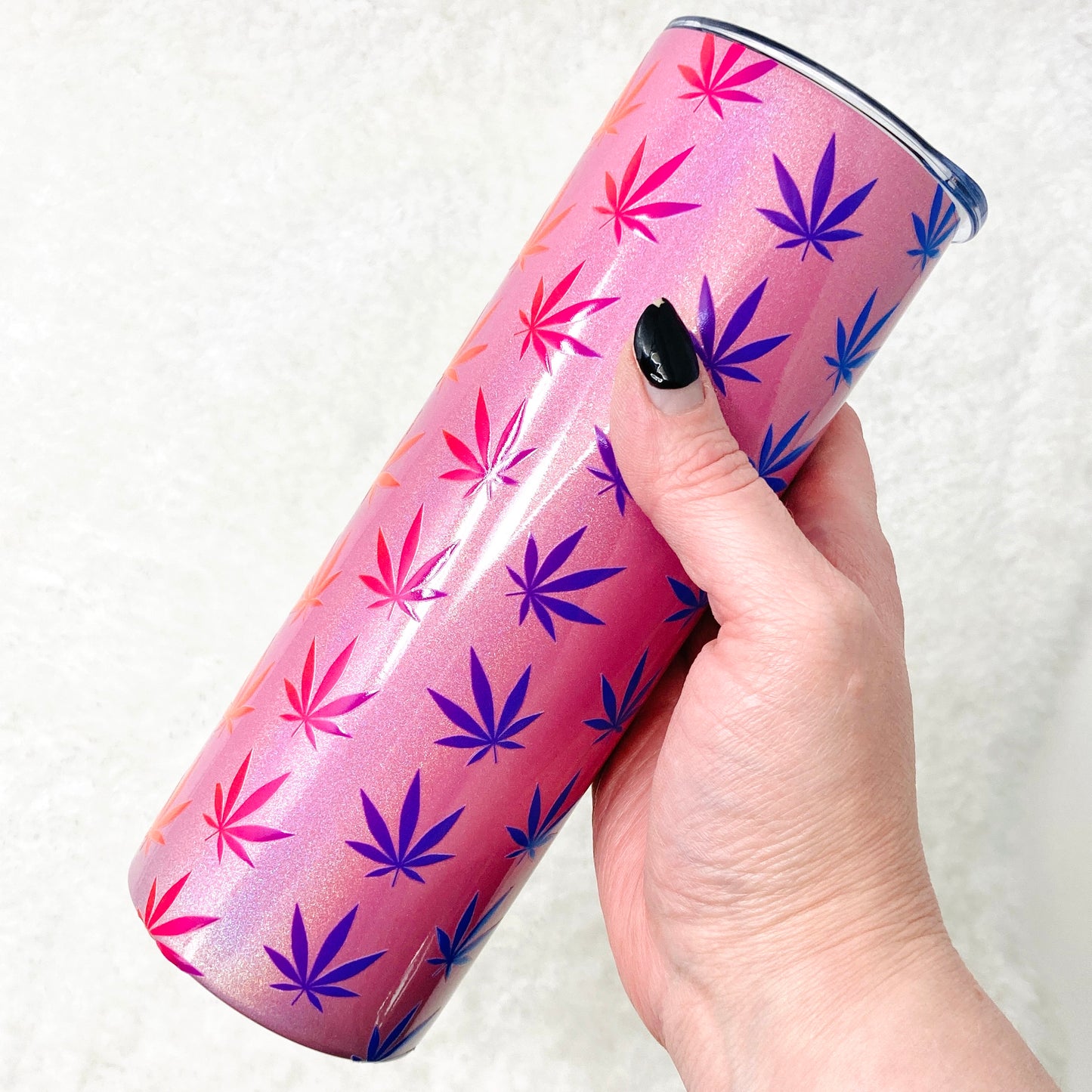 Toasted Tumblers - iridescent pink stainless steel tumbler with rainbow pot leaf applique (non-insulated) | cannabis weed marijuana tumbler