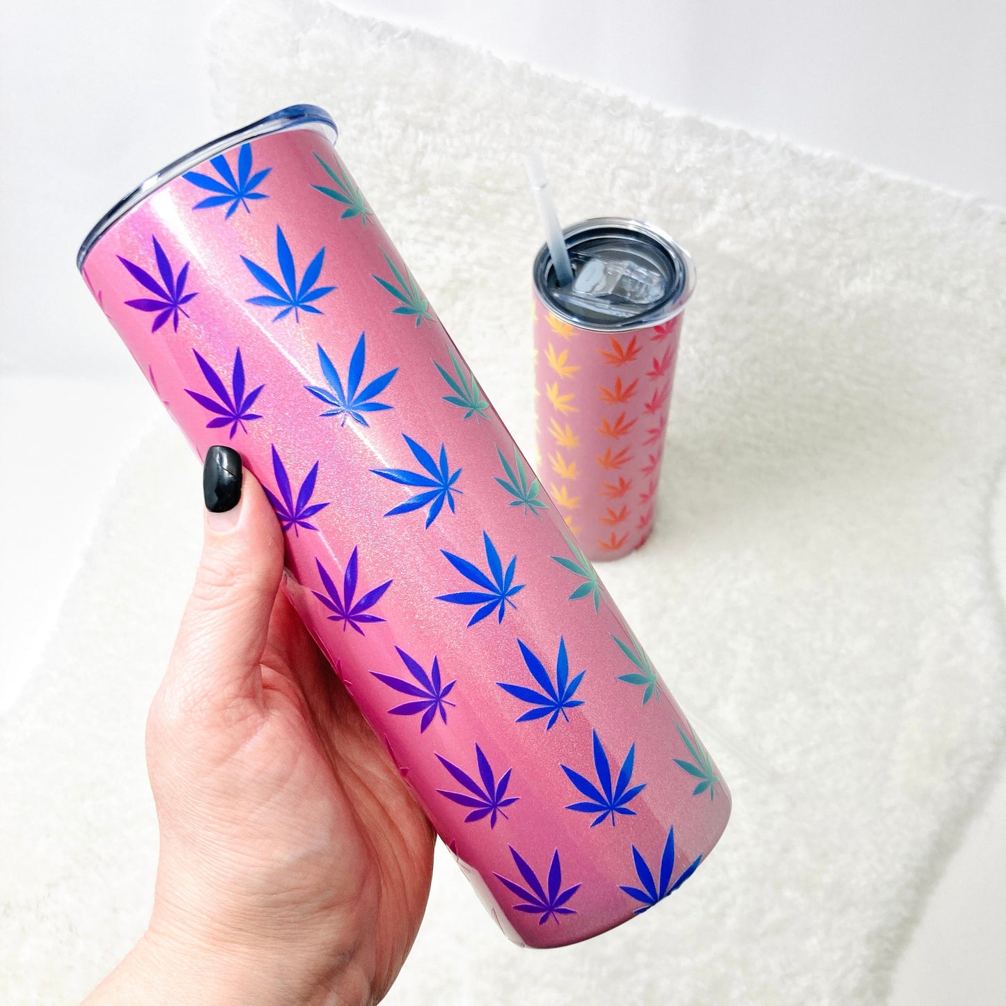 Toasted Tumblers - iridescent pink stainless steel tumbler with rainbow pot leaf applique (non-insulated) | cannabis weed marijuana tumbler